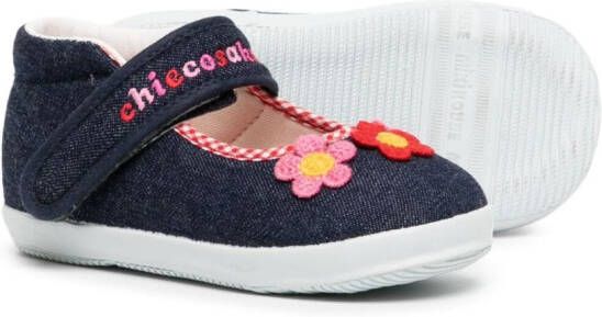 Miki House floral-embroidery denim ballerina shoes Blue