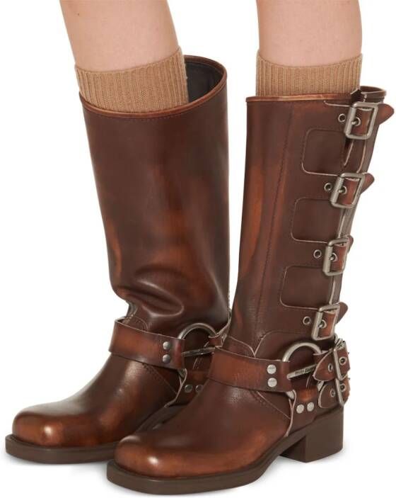 Miu buckle-detail leather boots Brown