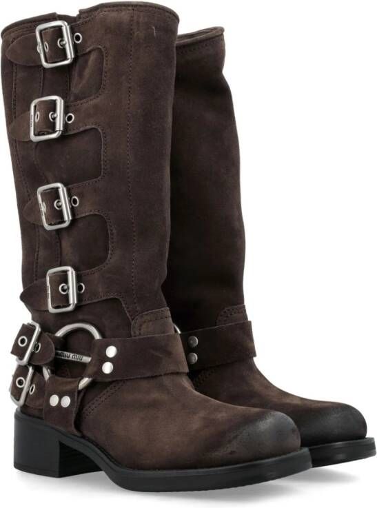 Miu buckled suede boots Brown
