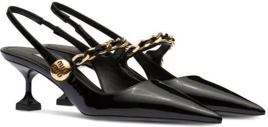 Miu chain-embellished patent leather slingback pumps Black