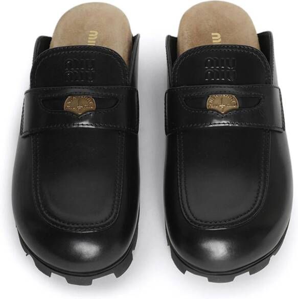 Miu coin-embellished leather penny slippers Black