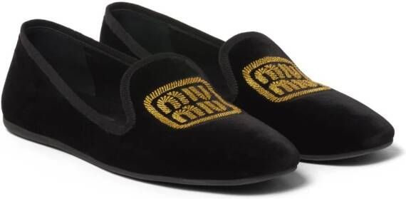 Miu logo-embroidered velvet slipper Black