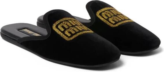 Miu logo-embroidered velvet slippers Black