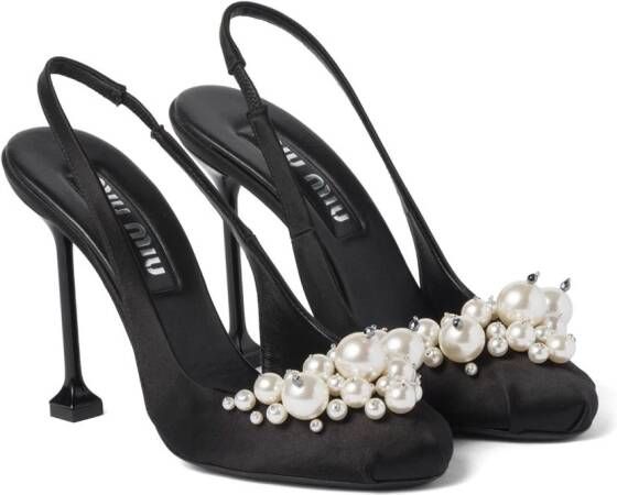 Miu pearl-embellished satin slingback pumps Black