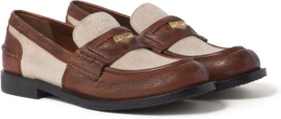 Miu penny-appliqué panelled loafers Brown