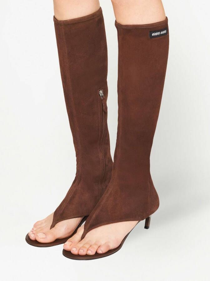 Miu Stretch suede thong boots Brown