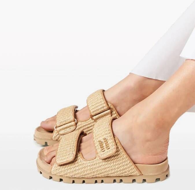 Miu touch-strap raffia sandals Neutrals