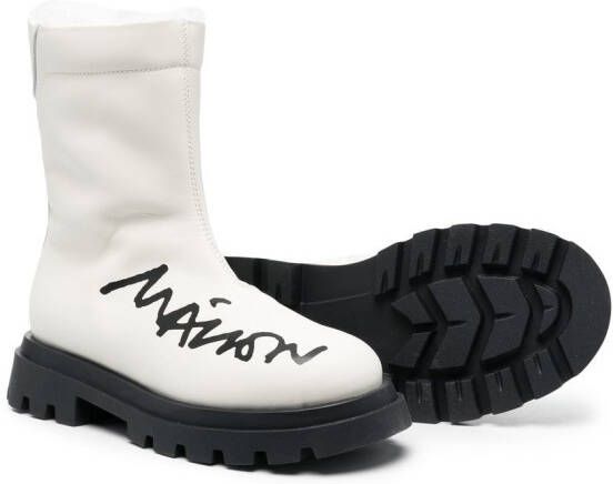 MM6 Maison Margiela Kids logo-print shearling-trim boots White