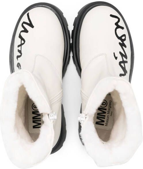 MM6 Maison Margiela Kids logo-print shearling-trim boots White