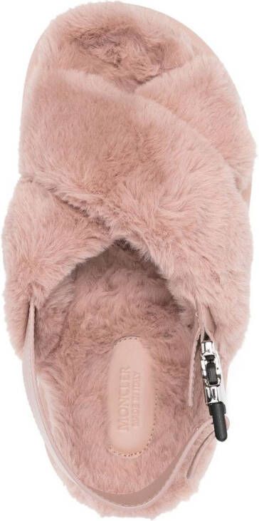 Moncler shearling cross-strap slippers Pink