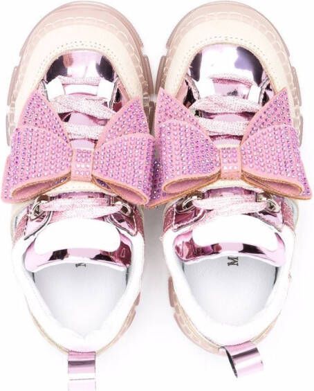 Monnalisa bow-detail rhinestone-embellished chunky leather sneakers Pink