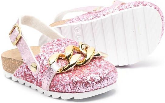 Monnalisa glitter-embellished chain-detail slippers Pink