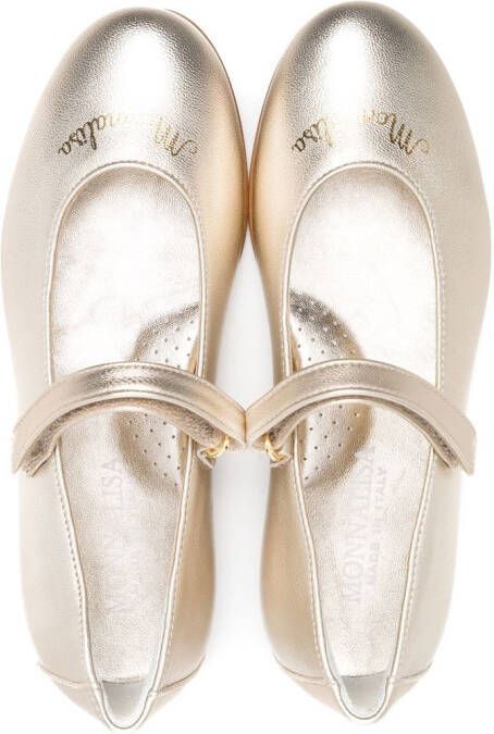 Monnalisa logo-print leather ballerina shoes Gold