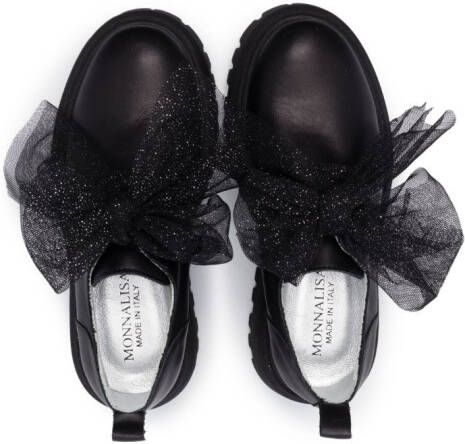 Monnalisa tulle-bow leather loafers Black