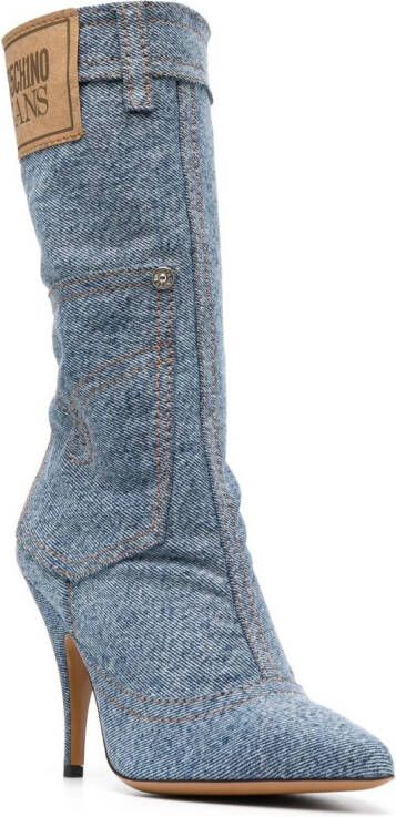 MOSCHINO JEANS 115mm logo-patch denim boots Blue
