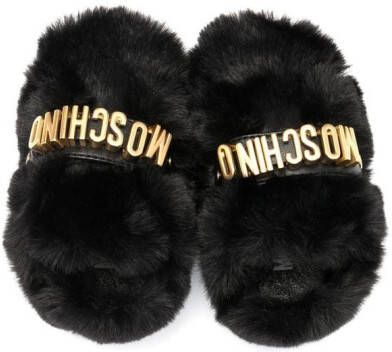 Moschino Kids faux-fur logo slippers Black