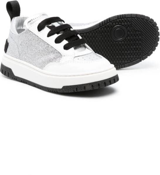 Moschino Kids glitter lace-up leather sneakers Silver