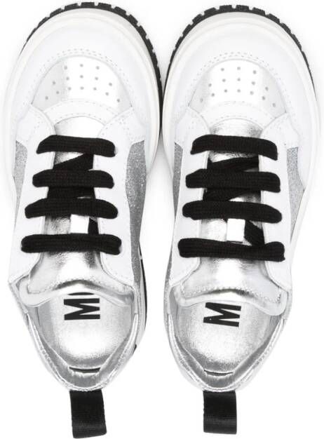 Moschino Kids glitter lace-up leather sneakers Silver