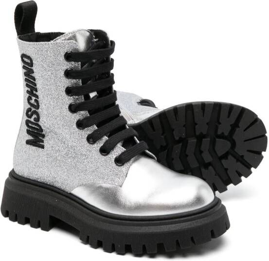 Moschino Kids logo-appliqué 40mm leather ankle boots Silver