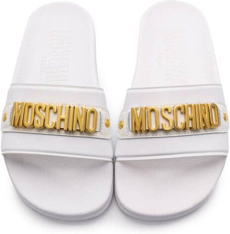 Moschino Kids logo detailed flat slides White