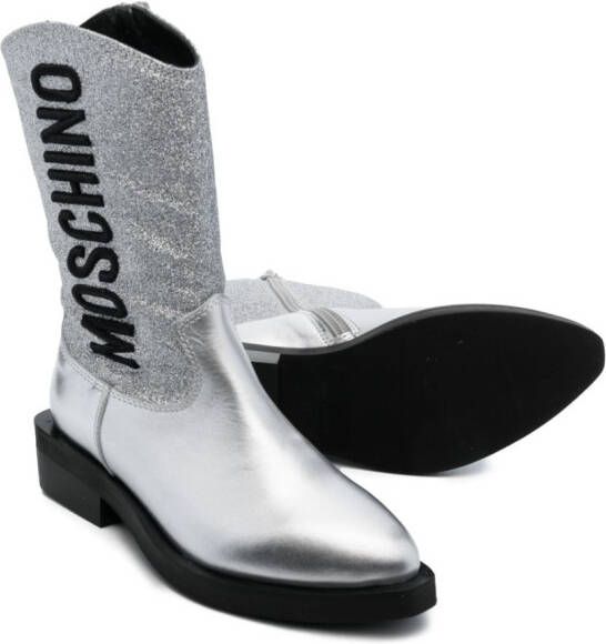 Moschino Kids logo-embroidered knee-high boots Silver