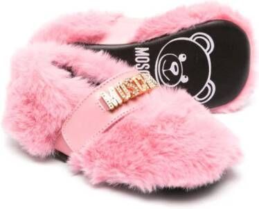 Moschino Kids logo-lettering faux-fur ballerina shoes Pink
