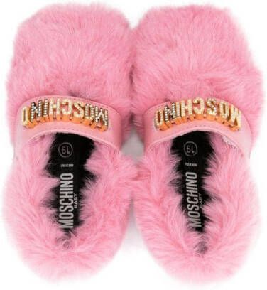 Moschino Kids logo-lettering faux-fur ballerina shoes Pink