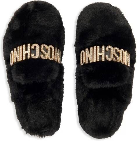 Moschino Kids logo-lettering faux-fur slippers Black