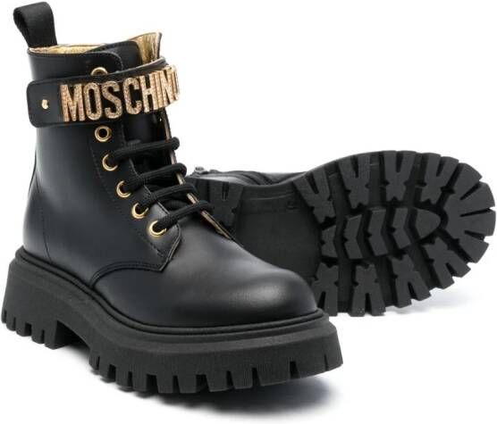Moschino Kids logo-lettering leather ankle boots Black