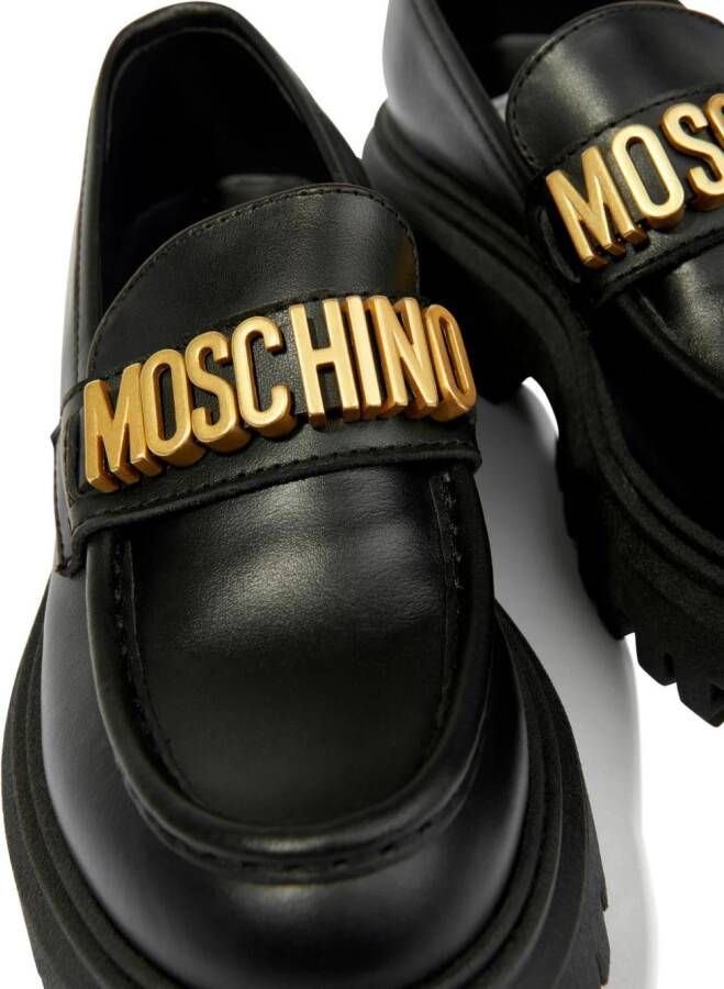 Moschino Kids logo-lettering leather loafers Black