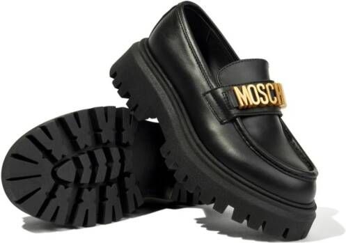 Moschino Kids logo-lettering leather loafers Black
