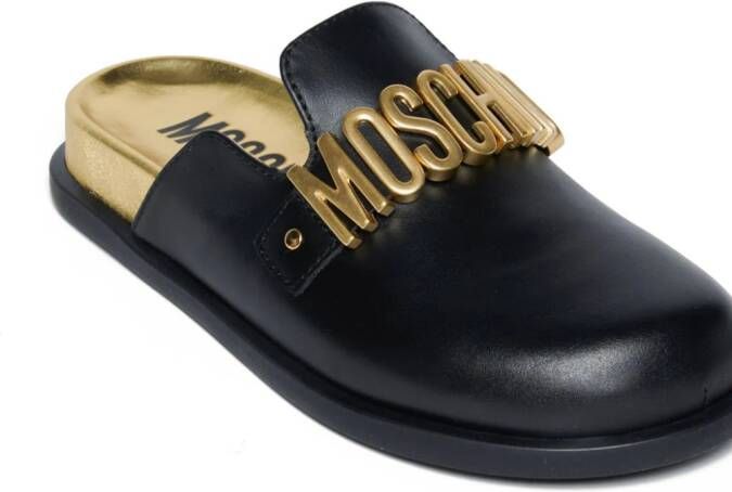 Moschino Kids logo-lettering leather slippers Black
