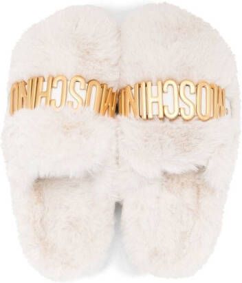 Moschino Kids logo-plaque faux-fur slippers White