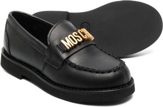 Moschino Kids logo-plaque leather moccasins Black