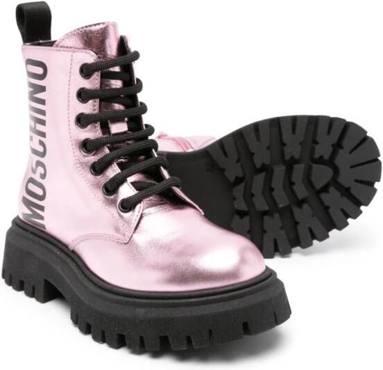 Moschino Kids logo-print metallic leather boots Pink