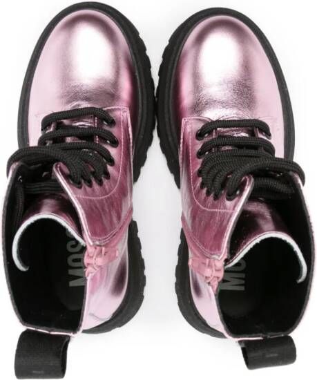 Moschino Kids logo-print metallic leather boots Pink