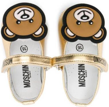 Moschino Kids Teddy Bear-patch metallic ballerina shoes Gold