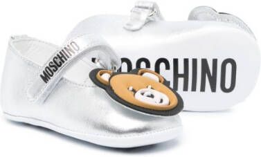 Moschino Kids Teddy Bear-patch metallic ballerina shoes Silver