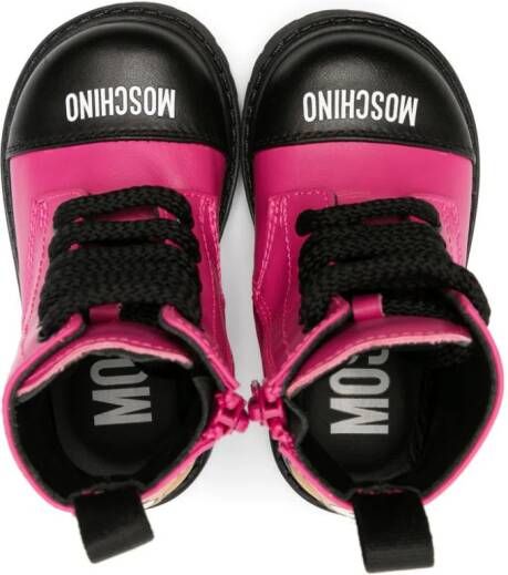 Moschino Kids Teddy-patch leather combat boots Pink