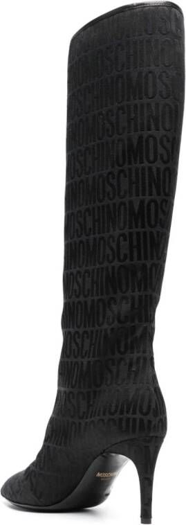 Moschino logo-jacquard 75mm satin knee-boots Black