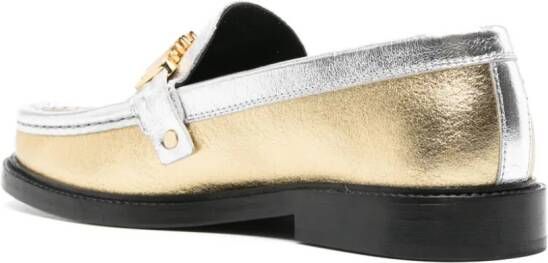 Moschino logo-lettering metallic leather loafers Gold