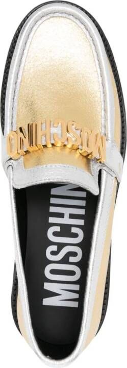 Moschino logo-lettering metallic leather loafers Gold