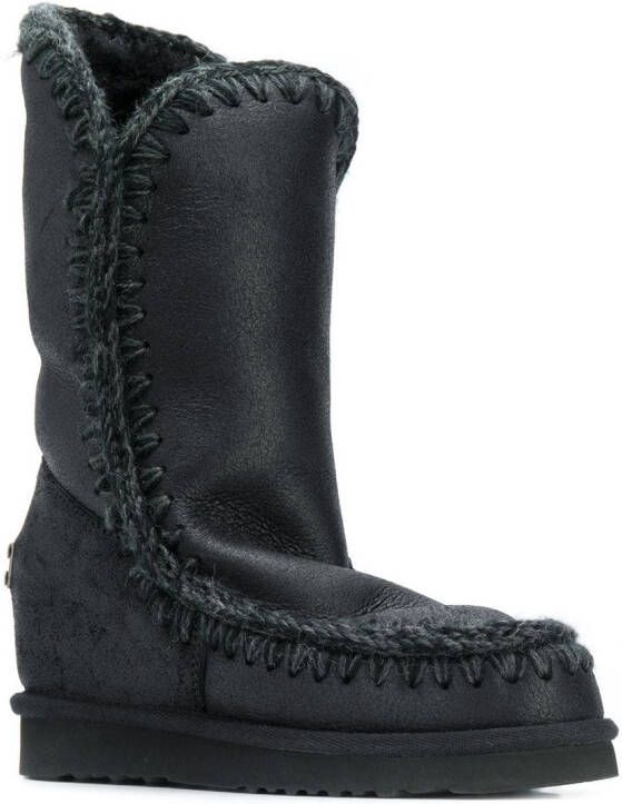 Mou crochet stitch-trim wedge boots Black
