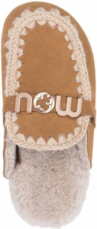 Mou logo-plaque shearling mules Brown