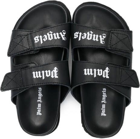 Palm Angels Kids logo-print leather sandals Black