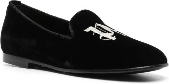 Palm Angels logo-embroidered velvet loafers Black