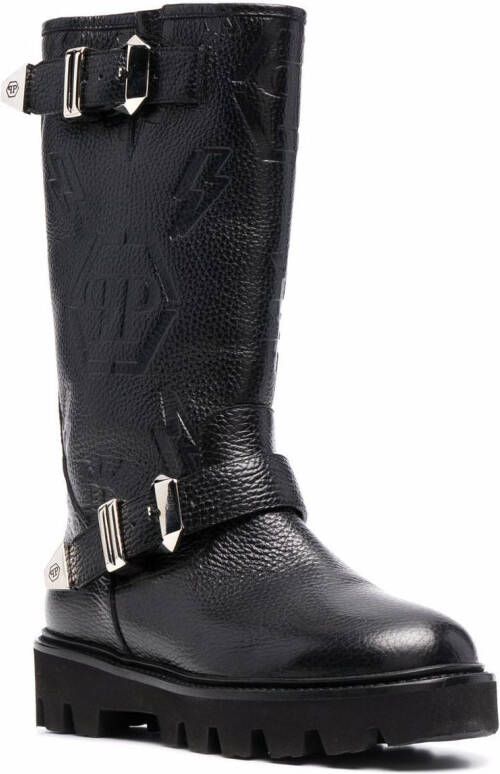 Philipp Plein Biker monogram-debossed leather boots Black