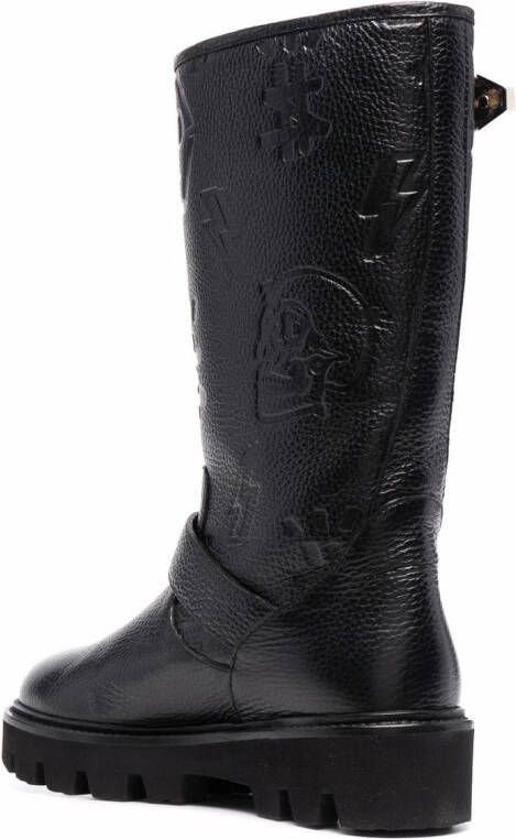 Philipp Plein Biker monogram-debossed leather boots Black