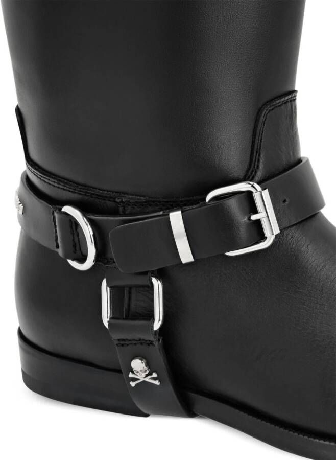 Philipp Plein buckled leather knee-high boots Black