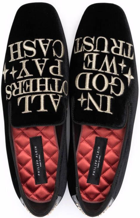 Philipp Plein Money-embroidered velvet loafers Black